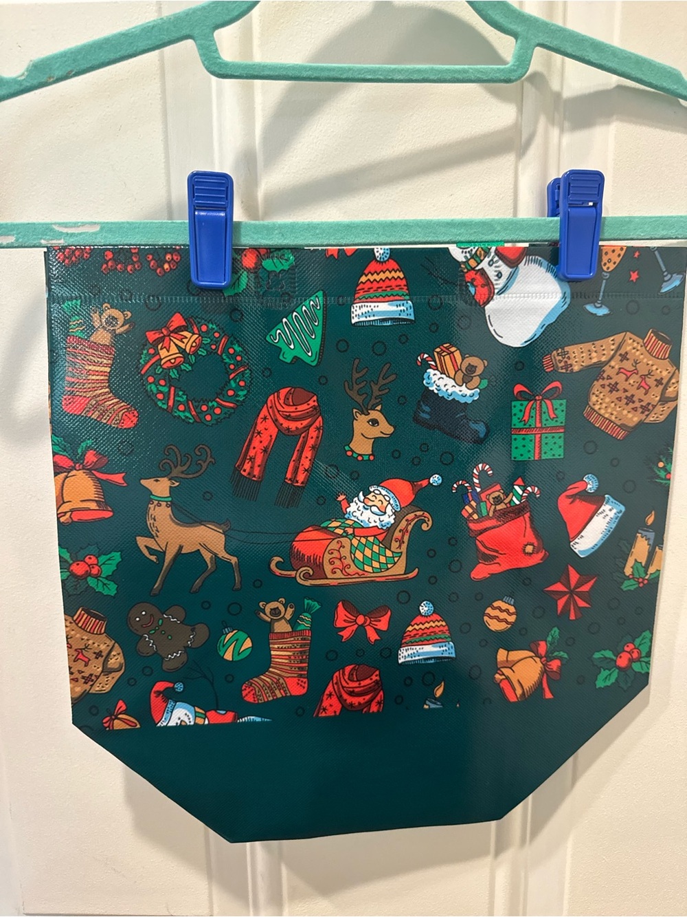 NWOT Christmas Holiday Reusable Tote Bag with Santa & Reindeer Pattern - Green